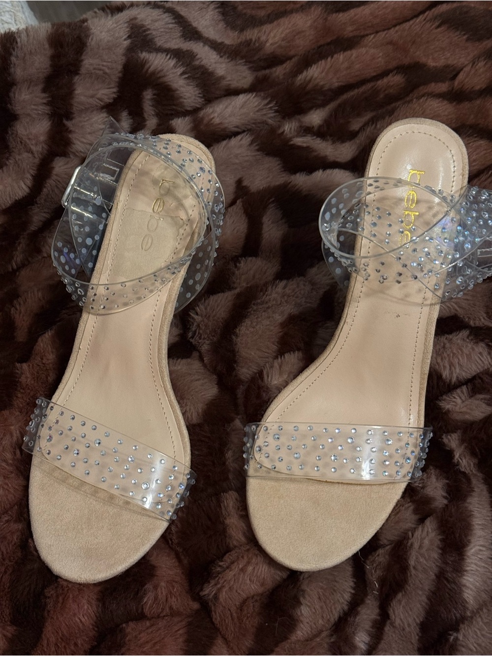 bebe Krista Rhinestone Clear Ankle Strap Heel NEVER WORN